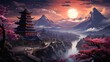 a pagoda in the middle of blossoming cherry blossoms, in the style of mountainous vistas, terraced cityscapes, light purple and emerald, mesmerizing colorscapes