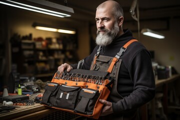 Close-up of maintenance worker carrying a bag and tool kit on the waist while working