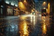 Urban scene with wet pavement, suitable for cityscape projects