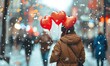 Girl walking down the street with three heart shaped balloons is snowing. Valentine's Day