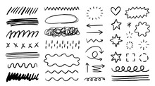 Scribble Doodle Underline Emphasis Line Shape Set. Hand Drawn Brush Stroke Highlight Speech Bubble Cloud Sparkle Arrow Element In Childish Drawing Style. Simple Vector Illustrations.