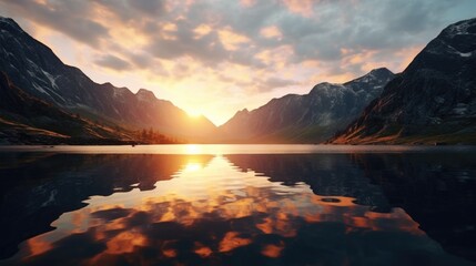 Poster - Beautiful sunset over a serene mountain lake, perfect for nature-themed designs