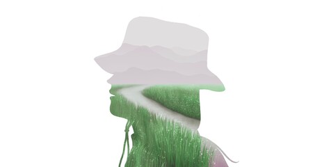 Calm, journey, tranquility and peaceful concept art. nature landscape in woman face