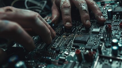 Poster - Close up of hands working on a computer motherboard. Ideal for technology and electronics concepts