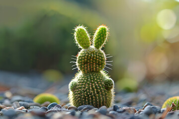 Wall Mural - Cactus in shape of Easter bunny rabbit on colored background.