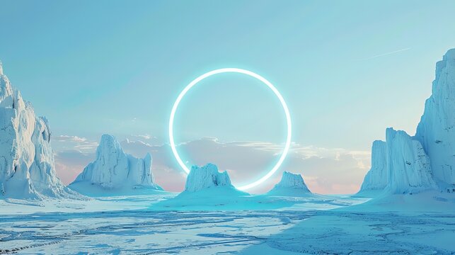 A surreal mountain landscape with a geometric round shape or a portal or a strange figure. Fantastic space unreal landscape