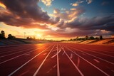 Fototapeta  - a running track at sunset, in the style of photorealistic landscapes, vibrant stage backdrops, lens flare, photo-realistic landscapes, flat backgrounds