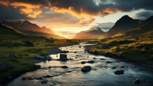 a scenic icelandic valley in the sunlight at sunset, in the style of tropical symbolism, eye-catching, award-winning, glorious