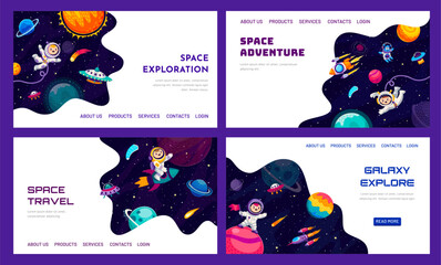 Wall Mural - space galaxy landing pages with cartoon space planets, kid astronauts, aliens and spaceships, vector