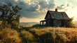 a simple house with grassy field and beautiful sky, in the style of grandiose color schemes, lovely, serene scenes, pictorial space, vibrant, lively, solarizing master