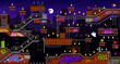 Arcade building roof game level map interface. Golden coins, roof, platforms and metal stairs, graffiti and ghosts. Vector 2d computer and video game UI with night city houses cartoon background
