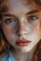 Wall Mural - Close-up portrait of a young girl with freckles. Suitable for beauty and skincare concepts