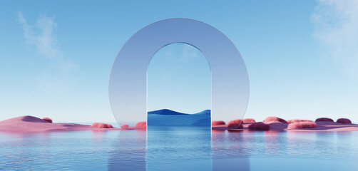 Wall Mural - 3d Render, Abstract Surreal pastel landscape background with architecture and geometric, beautiful gradient sky scene, lake with clam water, minimal concept.
