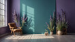 Softened teal backdrop. Trendy lavender studio for showcasing products. Window shadows and botanical touches in an empty room. 