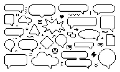 Poster - 8bit pixel speech bubbles and message dialog boxes, vector icons for computer game. Chat speech bubbles in 8 bit pixel art, message clouds, love heart and mail envelope with arrow icons in pixel line