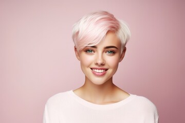 Poster - A woman with pink hair smiling for the camera, perfect for lifestyle and beauty concepts