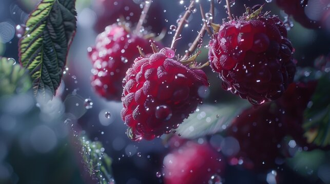 Fresh raspberries hanging from a tree, perfect for food and nature concepts