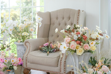 Canvas Print - Interior of armchair decorated with Beautiful flowers for wedding ceremony.