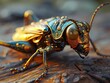a toy golden grasshopper is sitting on a wooden table, in the style of futuristic visions, photo-realistic drawings, i can't believe how beautiful this is, gold and azure, vray, precisionist, charming