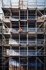 Poster - A construction worker on a scaffolding in front of a building. Suitable for construction industry concepts