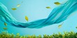 Ethereal turquoise fabric waving amidst yellow autumn leaves on a bright day, abstract representation of wind and change