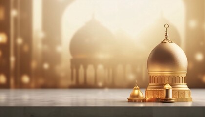 Sticker - Burning golden mosque-looking decorated lanterns on bright background with bokeh effect. Lantern as a symbol of Ramadan for Muslims, banner with space for your own content.