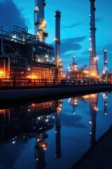Wall Mural - Industrial oil refinery at night with reflection in water. Suitable for energy and manufacturing concepts