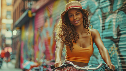 Wall Mural - A young woman cycling in the city, smiling.