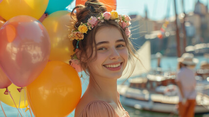 Wall Mural - A happy, pretty lady with a balloon.