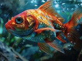 Fototapeta  - a very bright fish with two eyes and bubbles behind it, in the style of photorealistic fantasies