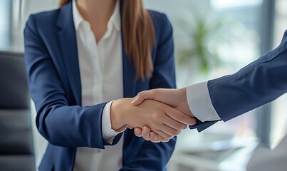 Business Professionals Handshake, Woman and Man Shaking Hands in Office, Finalizing Partnership Agreement and Closing the Deal or Hiring New Employee, DEI.