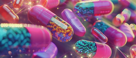 A visionary depiction of personalized medicine tailored to DNA, colorful pills and DNA strands in the background, hyper-realistic