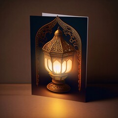 Wall Mural - Card with an image of a burning golden decorated lantern on a dark background. Lantern as a symbol of Ramadan for Muslims.