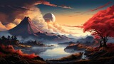 Fototapeta  - a view of an orange coloured volcano rising above mist, in the style of art, light yellow and azure, mesmerizing colorscapes, eye-catching, dau-al-set, light crimson and sky-blue