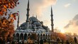 a view of the blue mosque, in the style of light black and purple, light green and orange, soft-edged, light sky-blue and white, sustainable architecture, gold leaf accents, historical significance