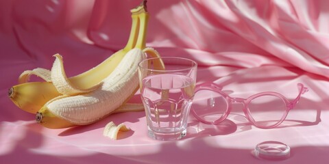 Sticker - Fresh banana and stylish glasses on a vibrant pink background. Perfect for food and fashion concepts