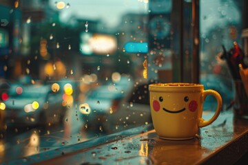 Wall Mural - A cheerful coffee cup with a smiley face sitting on a window sill. Perfect for coffee shop promotions