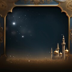 Sticker - Gold frame with an image, silhouette of a golden mosque against a night sky background, empty field with space for your own content. Lantern as a symbol of Ramadan for Muslims.