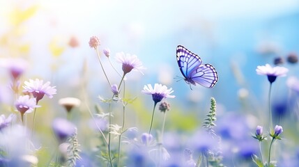 Canvas Print - Beautiful wild flowers chamomile, purple wild peas, butterfly in morning haze in nature close-up macro. Landscape wide format, copy space, cool blue tones. Delightful pastoral airy artistic image