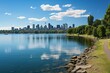 a view the park and minneapolis, in the style of sky-blue and green, calm waters, comics, urban landscape, impressive panoramas, afro-caribbean influence