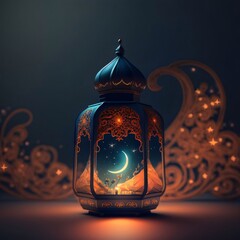 Wall Mural - Burning lantern decorated with a crescent moon on a dark background with stars. Lantern as a symbol of Ramadan for Muslims.