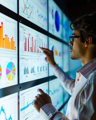 Data analytics insight, analyst revealing key trends on a large screen, team watching intently