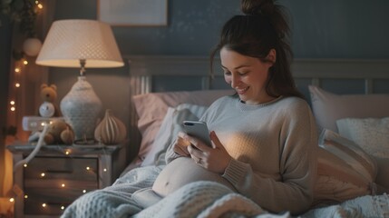 Wall Mural - Woman sitting on bed looking at cell phone, suitable for lifestyle blogs