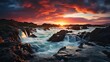 a waterfall in iceland at sunset, in the style of brightly colored, bucolic landscapes, pretty, eye-catching, expansive