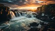 a waterfall in the countryside of iceland at sunset, in the style of xp, eye-catching, expansive, green, pretty, tropical symbolism, ambitious