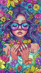 Canvas Print - A painting of a woman in sunglasses surrounded by flowers