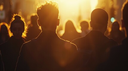 Canvas Print - Group of people walking down a street at sunset. Suitable for lifestyle and urban scenes