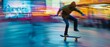 Urban skate park scene, skateboarder in rapid motion, performing a trick with a cityscape blur behind