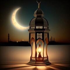 Wall Mural - Burning lantern in the background of the mosque building and the Crescent Moon in the sky. Lantern as a symbol of Ramadan for Muslims.