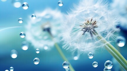 Wall Mural - Dandelion flower in droplets of water dew on a blue colored background with a mirror reflection of a macro. beauty of nature bright abstract artistic image